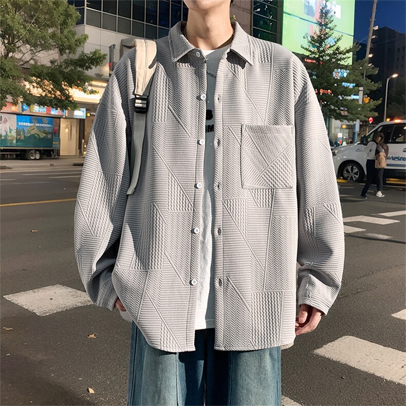 衬衫男秋季新款港风宽松提花长袖大码衬衣CS023-P45(现货）,男装衬衫,星座214-3