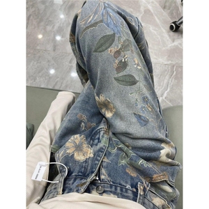 日系花卉印花牛仔裤男春秋季hiphop炸街裤子复古慵懒直筒微喇长裤