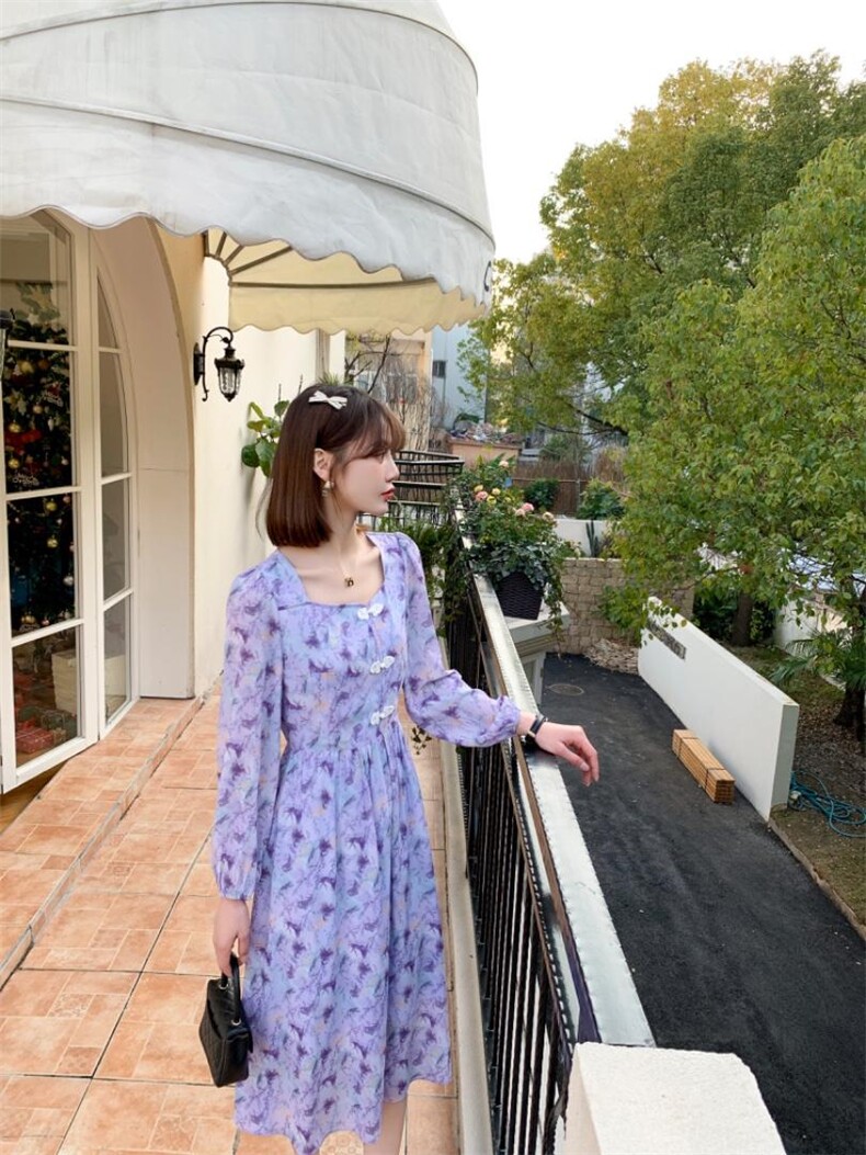 韩版甜美淑女时尚气质高雅艺术盘扣复古风连衣裙,女装连衣裙,荷塘月色