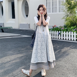 白色拼接假两件连衣裙女2025年夏季新款时尚独特绝美减龄显瘦裙子图片