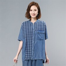 2021夏季新款时尚气质拼接水洗牛仔短袖衬衫，女装衬衫，叶笙衣
