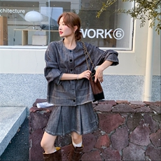 复古港风牛仔套装女2025秋季新款学院风小众外套半身裙两件套潮，女装套装/套裙，2C112