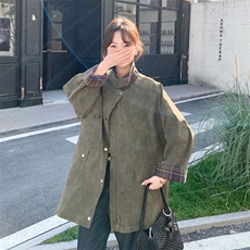 工装风复古军绿色廓形翻领夹克短外套2C212-G217-P185-K298，女装短外套，2C212