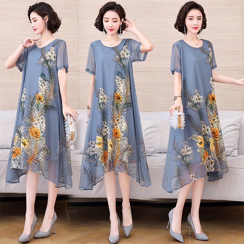 2021夏大码女装新款简约时尚优雅气质圆领舒适中国风3D印花连衣裙图片