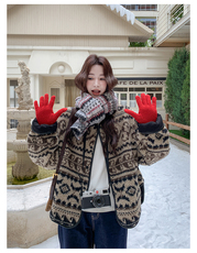 复古民族风费尔岛提花保暖上衣女冬超好看羊羔毛外套，女装羊羔毛/颗粒绒，2C262