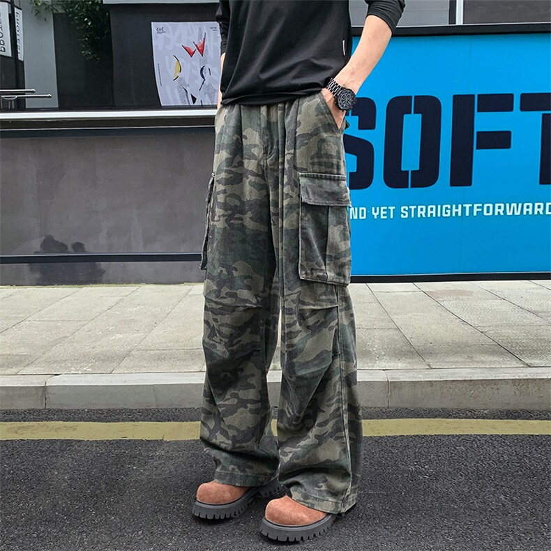 迷彩弯刀工装裤男款高级感痞帅美式高街vibe裤子褶皱伞兵阔腿长裤,男装牛仔裤,电商A022