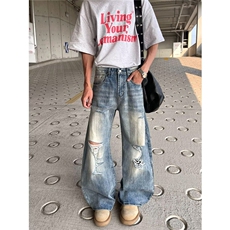 美式高街痞帅破洞做旧牛仔裤男女宽松垂感长裤子潮流RK2810-P51，男装牛仔裤，星座412-3