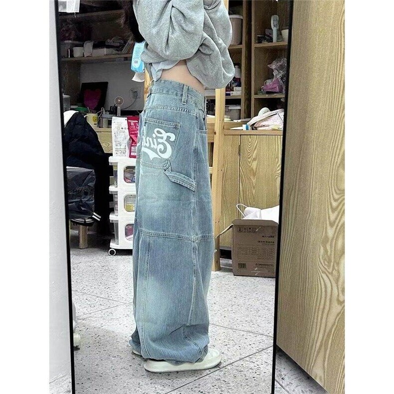 美式高街字母印花弯刀牛仔裤春秋宽松bf慵懒风拖地裤24128P50，女装牛仔裤，电商D256-2(原A064-2)