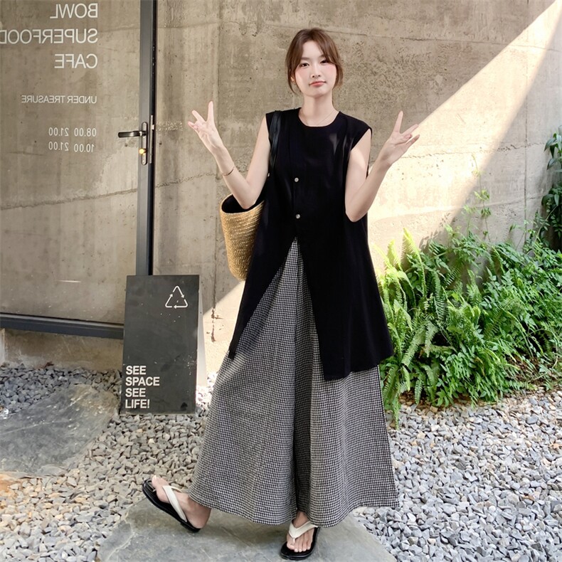 轻熟小众黑色开叉衬衫阔腿裤套装女夏两件套巨好看流行爆款减龄,女装套装/套裙,2C176