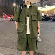 夏季套装男高品潮牌五分袖衬衫短裤大码两件套DSA157B-C77-P85，男装衬衫，电商A157B