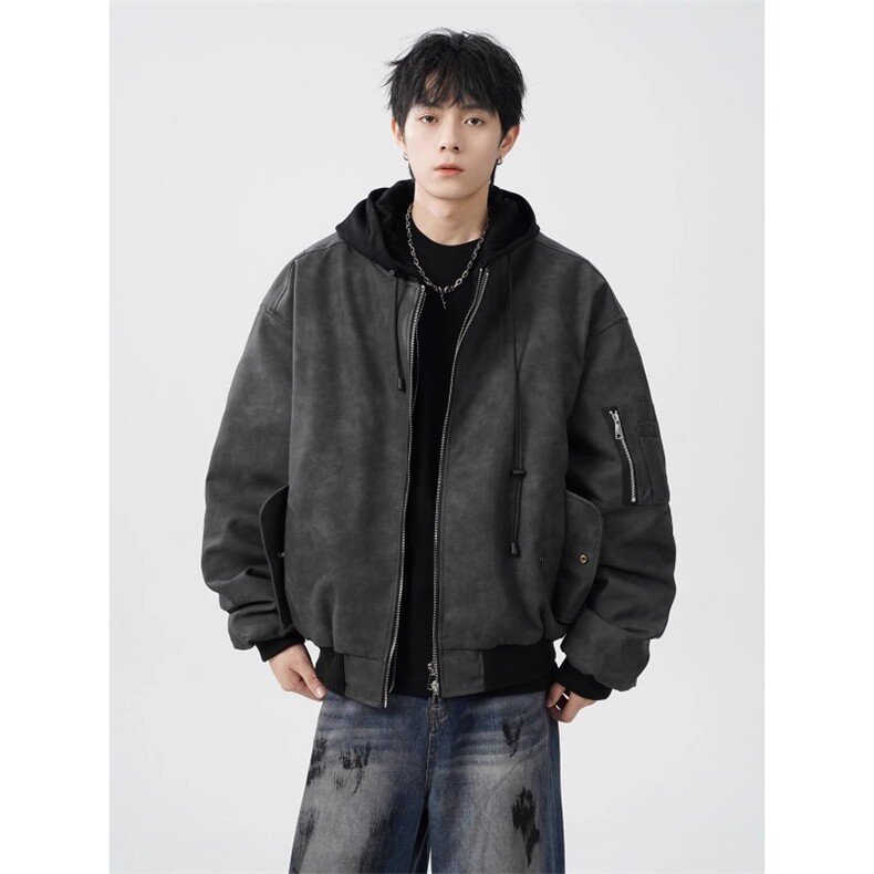 JK8539-P77美式复古飞行员夹克假两件pu皮衣外套男女潮高级感，男装皮衣，电商B323A