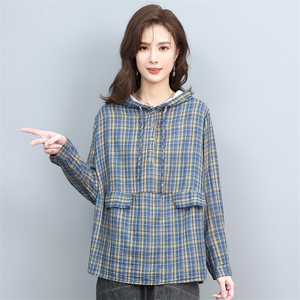 春秋2022年新款中年妈妈休闲大码衬衫休闲棉麻短款衬衣连帽,女装衬衫,叶笙衣