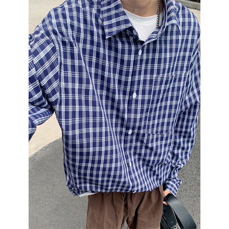 复古格子衬衫男宽松休闲百搭高级感上衣内搭外套C2269-特价36，男装衬衫，电商A007