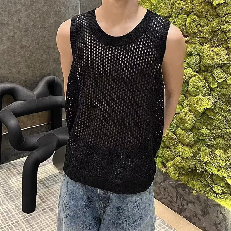 镂空网眼针织背心ins男运动时尚无袖打底衫坎肩休闲 Z68图片