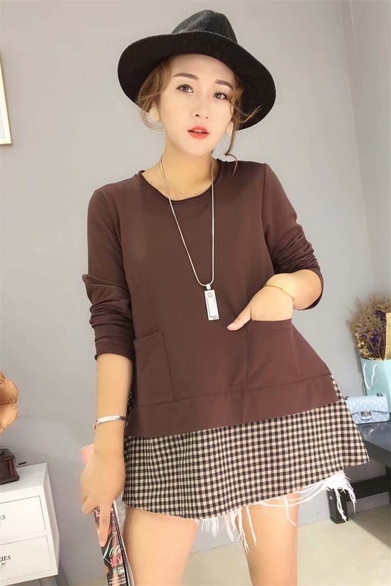 口袋潮流休闲时尚拼接格子气质2021年秋季,女装T恤,深水步