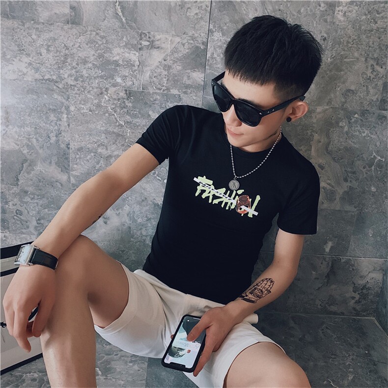 夏季新款潮牌T恤男短袖修身印花体恤社会小伙潮C301B-DT23-,男装T恤,电商C301B