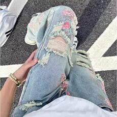 玫瑰花卉破洞牛仔裤男女夏季新款痞帅炸街宽松微喇裤AM8025P47，男装牛仔裤，星座1013-1