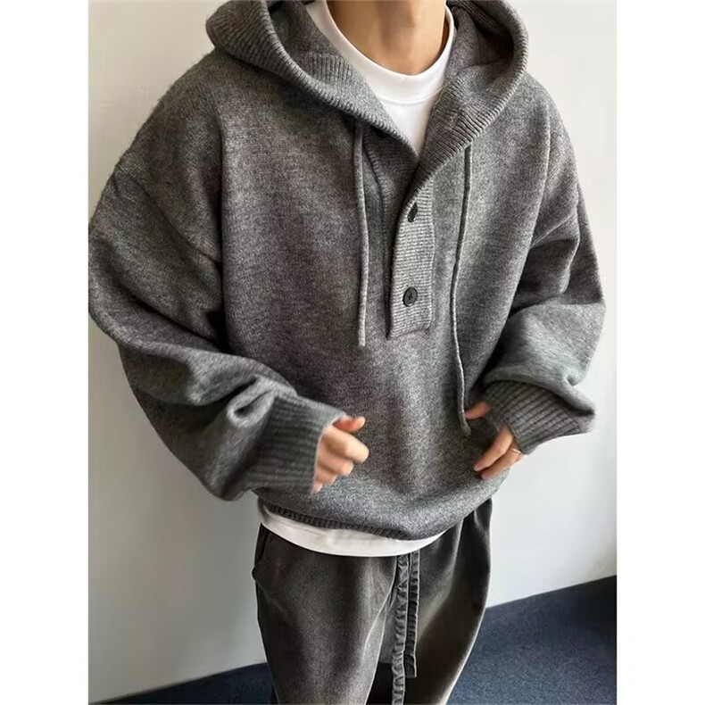 冬季纯色套头加厚毛衣外套男女高级感连帽针织衫韩系穿搭上衣图片