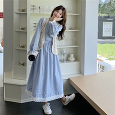 现货蕾丝花边拼接条纹连衣裙马甲套装25083P165K248，女装套装/套裙，2D035