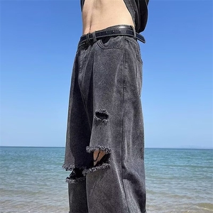 破洞牛仔裤男202夏季薄款百搭九分裤美式高街直筒裤男士图片