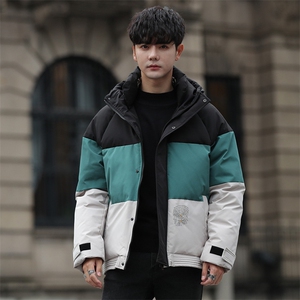 现货足羽绒服连帽短款拼接加厚保暖防寒青年白鸭绒外套612-P100