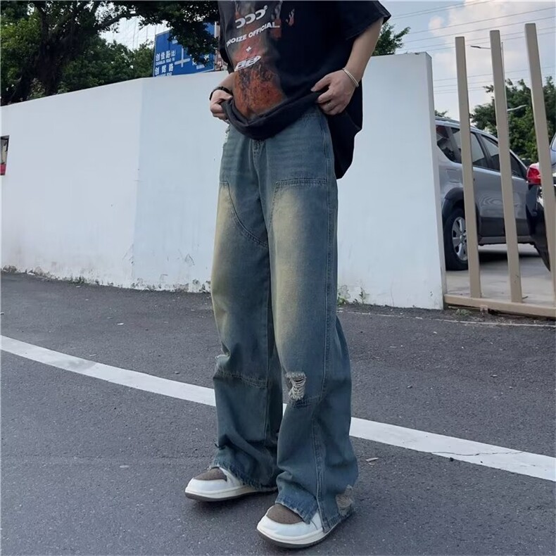 美式复古坠感破洞牛仔裤男嘻哈hiphop宽松直筒拖地裤潮牌GN20-P45,男装牛仔裤,星座1008