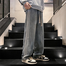 浅蓝色春季新款薄款牛仔裤男潮牌直筒松紧腰系带长裤，男装牛仔裤，电商A115