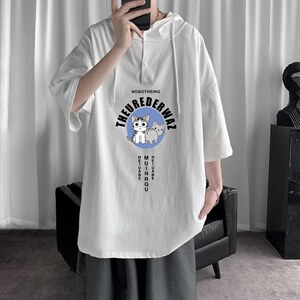 LD54160-P45 连帽短袖t恤男大码胖子带帽五分袖中袖图片