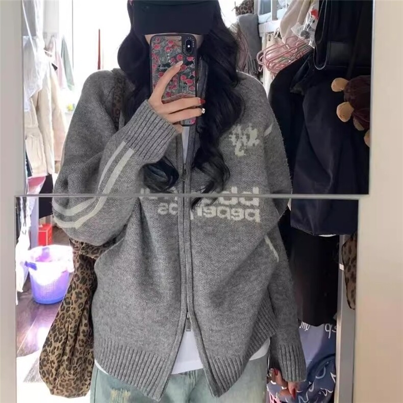 美式潮牌学院风徽章拼接开衫毛衣秋冬男女条纹立领针织棒球服外套,男装针织衫/毛衣,四季星座505