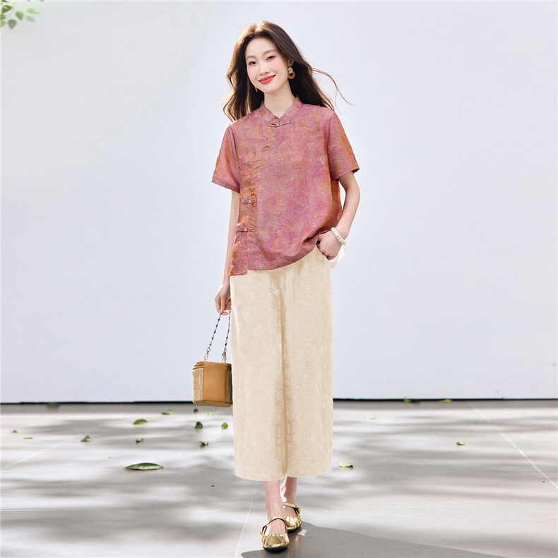 长期现货2026夏装新款时尚两件套装女提花新中式衬衫T阔腿腿裤女,女装套装/套裙,璐依舞