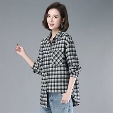2021年春季通勤韩版格子衬衫POLO领排多扣磨毛衬衣，女装衬衫，伊满意