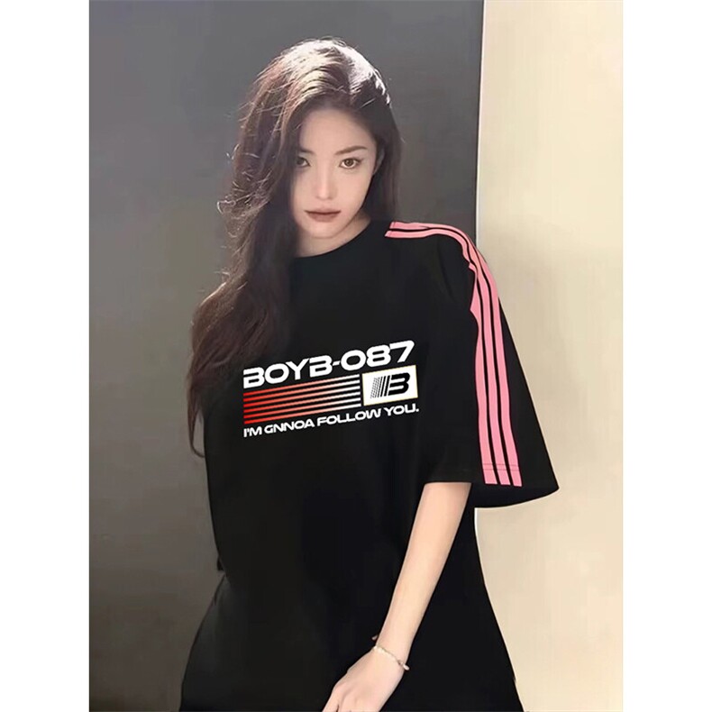 抖音得物品质二开240克宽松纯棉美式潮牌印花三条杠中性风短袖T恤图片