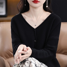 纯棉线长袖针织开衫女短外套毛衣V领宽松休闲外搭短款上衣线衫女，女装针织衫/毛衣，品高羊绒