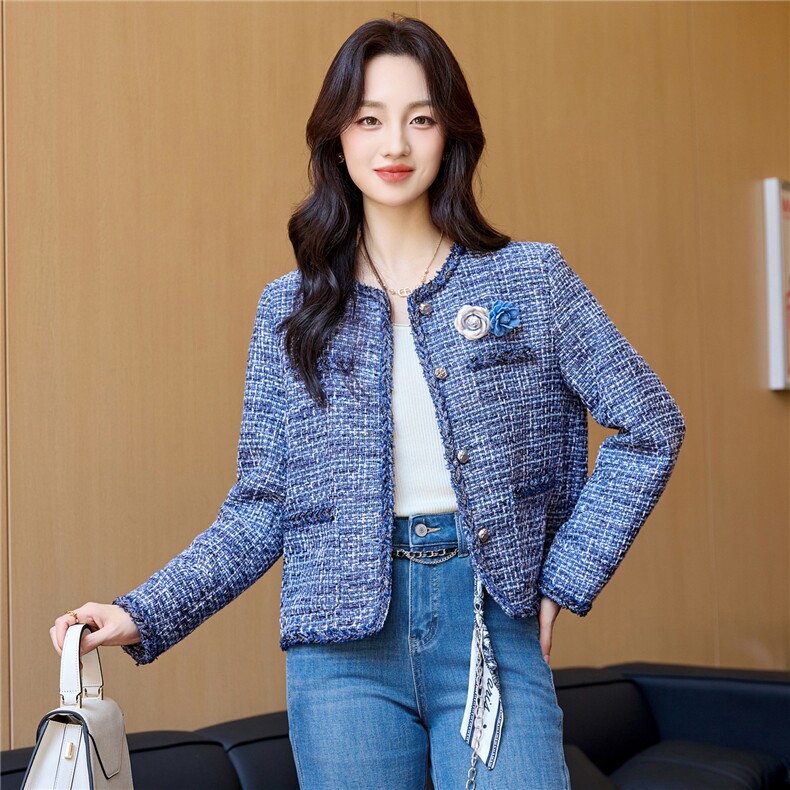 【bao款现货已出】2025秋装新款山茶花小香牛仔蓝粗花呢短外套,女装短外套,雅静靓衣