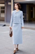 小香风羽绒服套装女冬装2024新款高端羊毛呢短外套开叉长裙两件套，女装套装/套裙，衣之秀