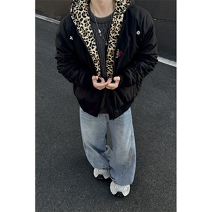 美式复古情侣装豹纹棉服双面穿外套保暖潮牌欧美街头秋冬新款棉衣