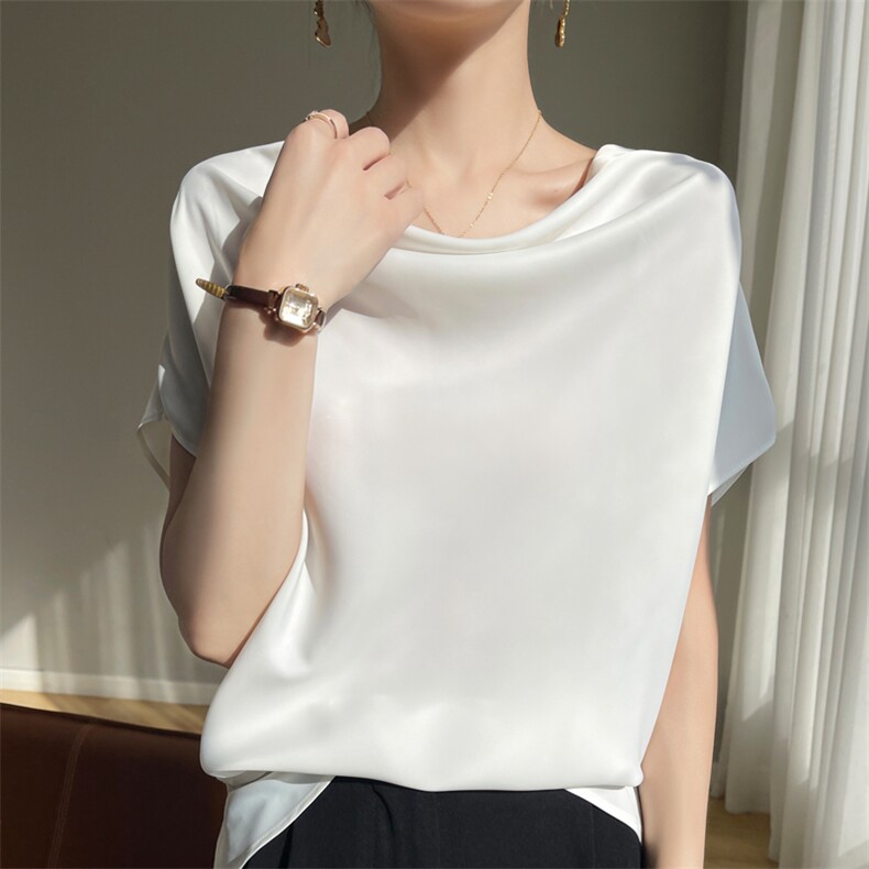 法式设计感荡领短袖t恤女宽松醋酸缎面显瘦气质高级感内搭薄背心，女装衬衫，素语电商供货