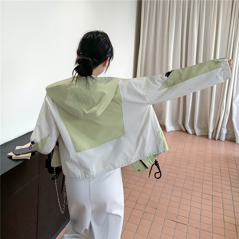 2C030-9068-P145-K198小清新的港风牛油果绿拼色大帽檐外套,女装短外套,2C030