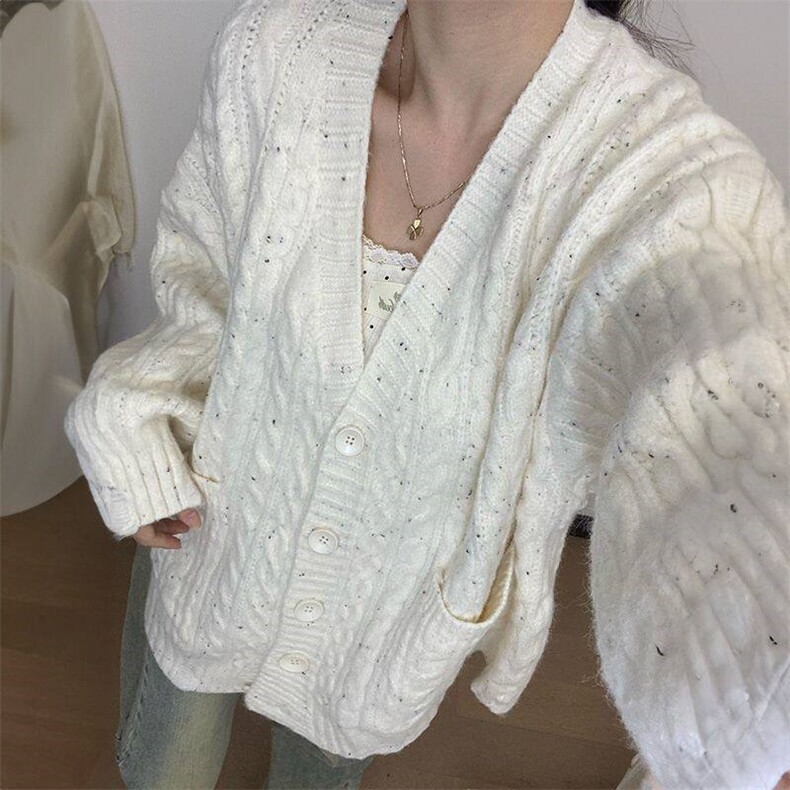 甜美小香风气质v领彩点毛衣开衫女秋冬季宽松慵懒风杏色针织外套,针织衫/毛衣,星座506A