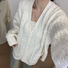 甜美小香风气质v领彩点毛衣开衫女秋冬季宽松慵懒风杏色针织外套，女装针织衫/毛衣，星座506A