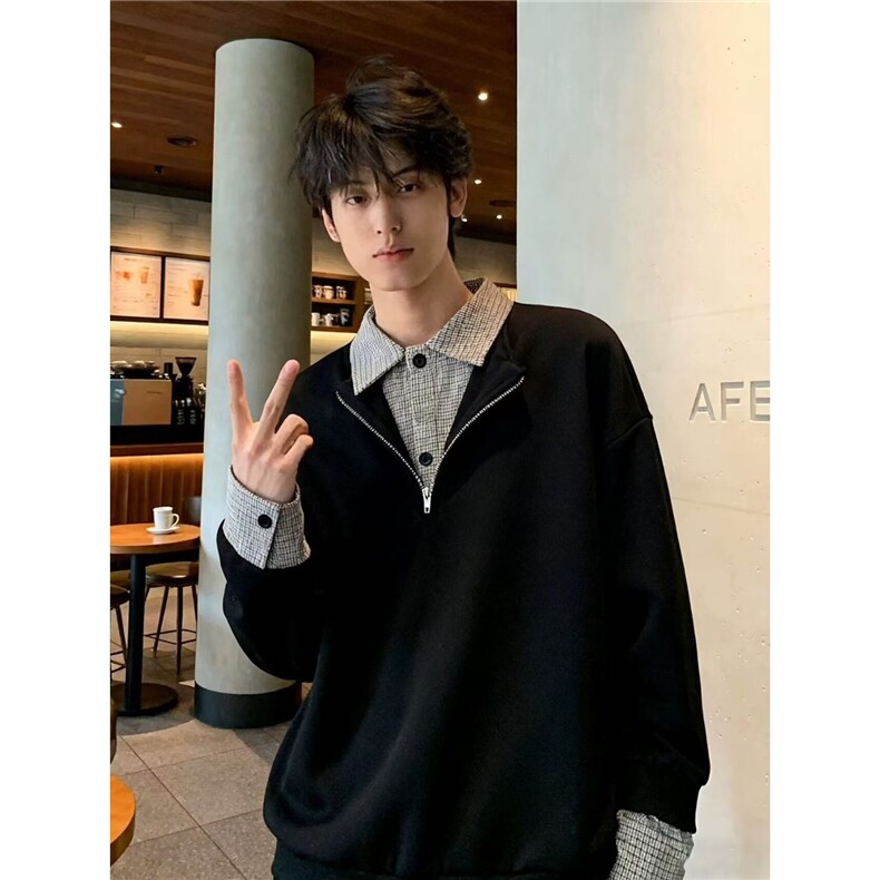 简约格子假两件polo翻领卫衣男款ins潮流长袖打底衫无帽套头上衣,男装T恤,星座506A