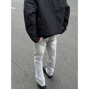 B221美式高街水泥灰弹力直筒牛仔裤LK24146-P60控79 加绒P70控99图片