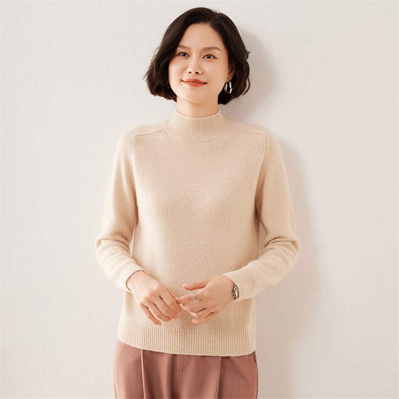 软糯气质半高领毛衣女秋冬内搭加厚修身紧身双层领中领针织打底衫,女装羊绒衫,伊绒腾羊绒