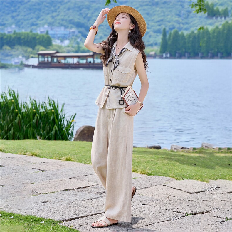 2026年夏季时尚亚麻短袖衬衫阔腿裤两件套装,女装套装/套裙,简韵佳