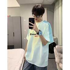 抖音得物品质二开240克宽松纯棉美式潮牌印花三条杠中性风短袖T恤，男装T恤，电商A486-1