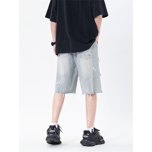 夏季大码宽松泼墨油画毛边时尚破洞短款短裤牛仔裤男高街得物图片