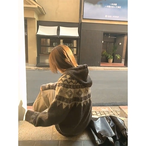 重磅秋冬北极绒开衫毛衣美式复古休闲慵懒风牛角扣针织衫连帽外套