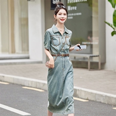 复古牛仔连衣裙女2024夏季新款休闲时尚收腰显瘦薄款衬衫连身裙子，女装连衣裙，瑶迪依秀