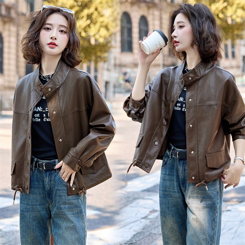 皮衣女短款2025春秋新款时尚休闲百搭真皮皮衣外套立领夹克上衣女，女装皮衣，臻衣坊