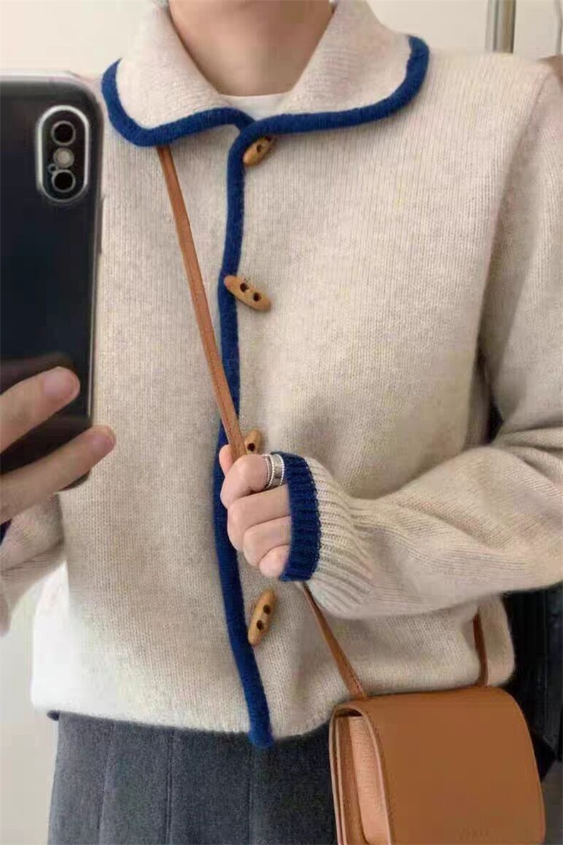 秋冬季新款舒适时尚百搭翻领拼色羊毛开衫,女装羊毛衫,莺澜羊绒